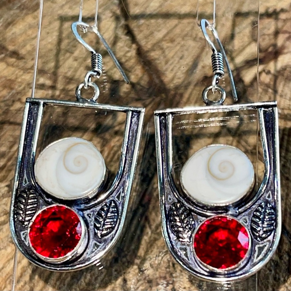 Shiva Eye Shell & Red Coral Earrings 2”